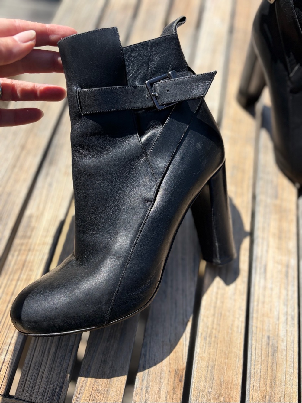 Emerson Fry Black Leather Heeled Ankle Boot with Buckle Strap